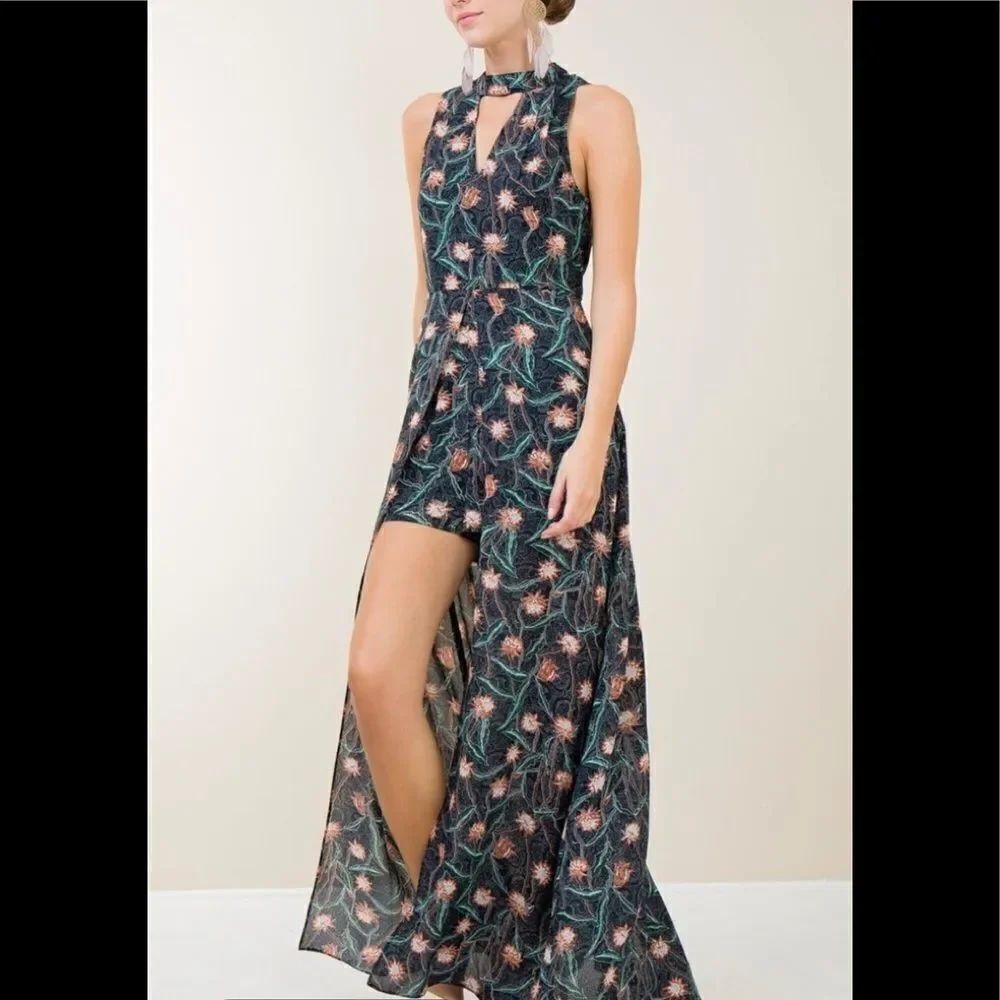 Entro Long Romper Navy Floral Maxi Mock Neck Medium Summer